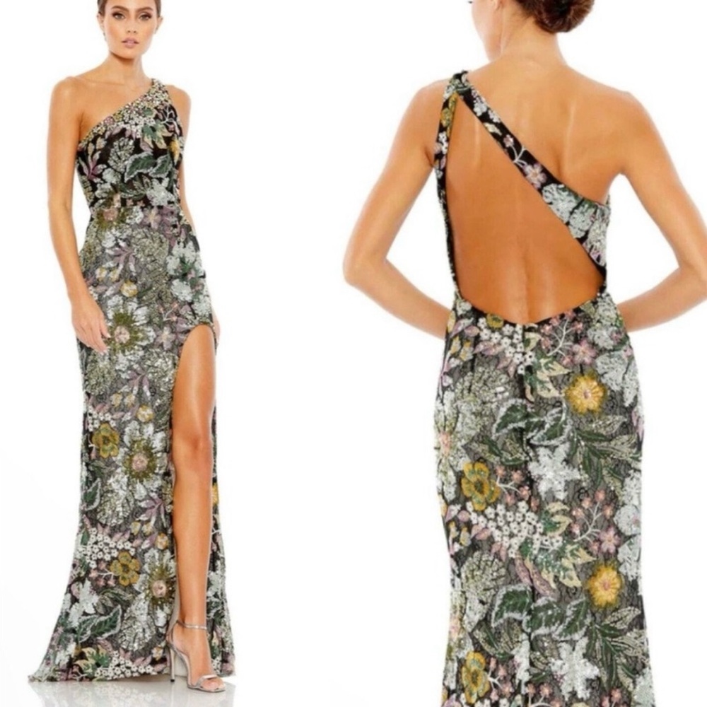 Max Duggal Embellished One Shoulder Gown